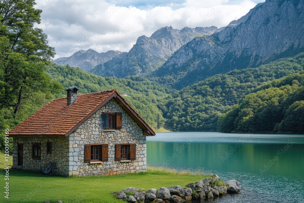 Obraz premium Stone cottage nestled on a tranquil lake shore with majestic mountain backdrop