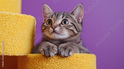 Cute tabby kitten relaxing on yellow cat tree with purple background