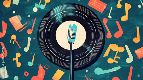Cartoon retro groovy vinyl record character sings passionately with microphone and funky melody notes flying around, embodying soulful vibe of classic music. Isolated vector vintage musical personage