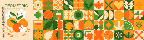 Orange geometric food. Tangerine flat slice. Fruit color logo. Block pattern. Organic retro abstract label. Minimalist simple nature. Wallpaper or product packaging design, vector square garish form
