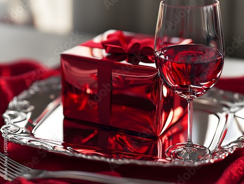 Romantic Candlelit Dinner with Shiny Red Gift Box and Heart-Shaped