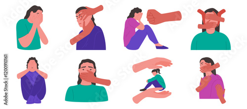 Violence of woman. Abuse victim. Pressure on women. Psychological torture. Family conflict. Girl face with arms. Assault and bullying. Rapist hands. Inner self psychology. Vector garish concepts set