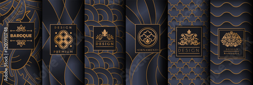 Design label wine. Background pattern gold, black premium luxury graphic. Logo box jewelry, cosmetic packaging. Golden flower card for beauty product presentation. Vector gift with royal tidy ornament