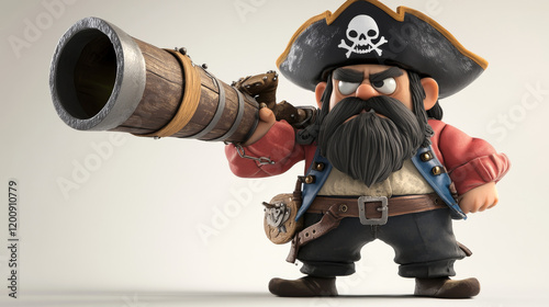 Cartoon pirate gunner or corsair sailor character with cannon, vector man personage. Pirate in corsair tricorne hat with skull, Caribbean adventure sea filibuster or corsair gunner with cannon