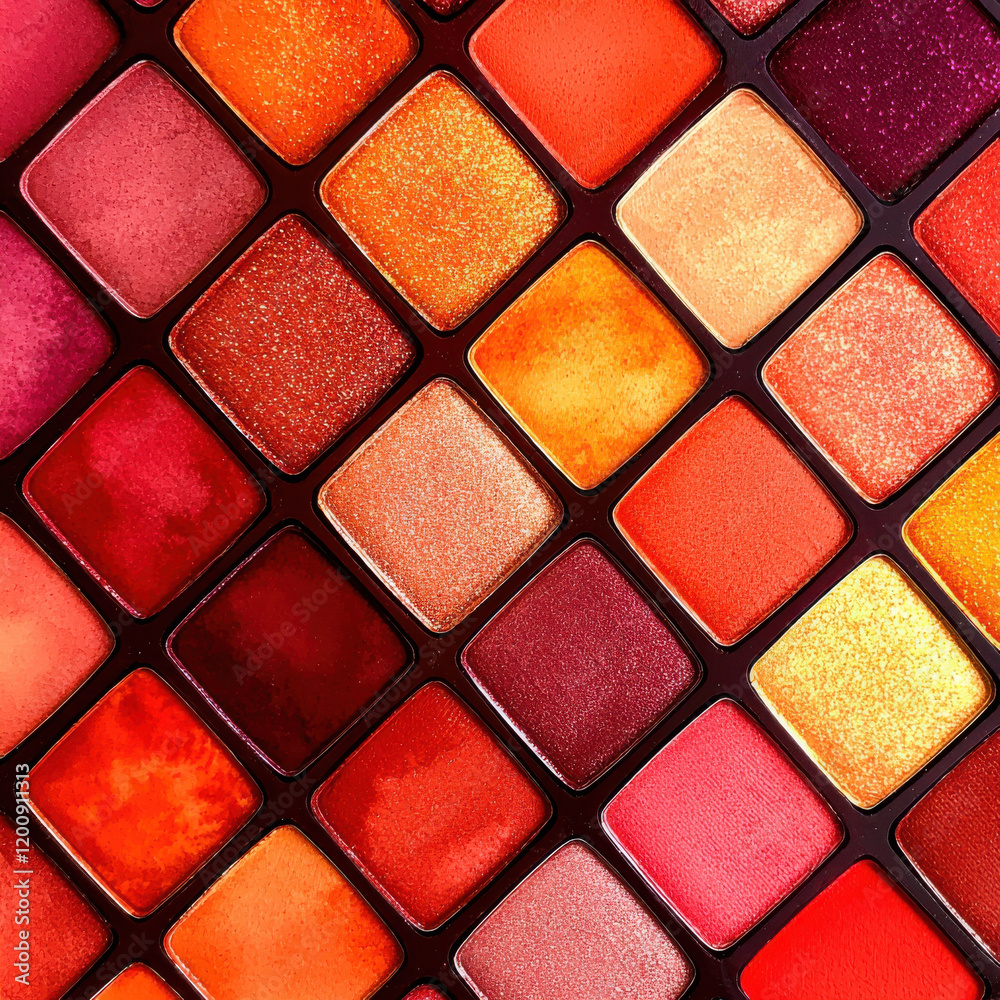 vibrant palette of colorful makeup shades in warm tones, featuring glitter and matte textures vibrant palette of colorful makeup shades in warm tones, featuring glitter and matte textures