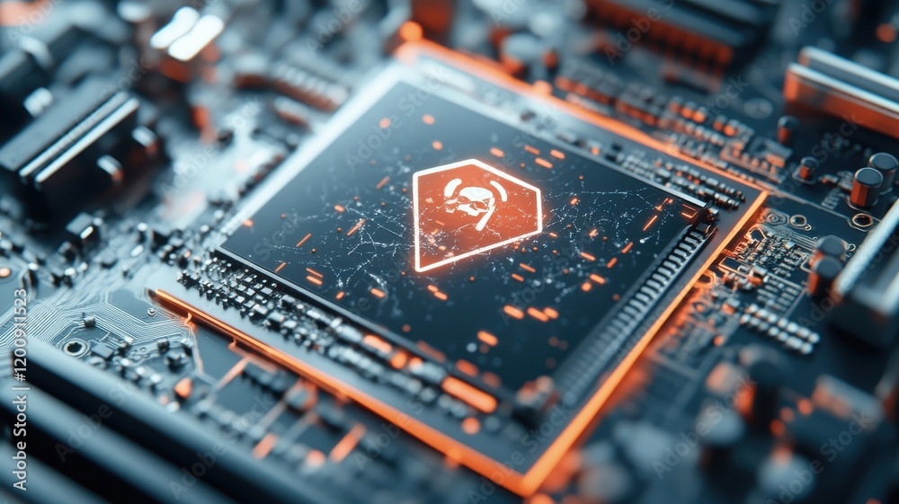 Fototapeta premium Shattered computer screen reflecting skull warning amidst wires and circuits.