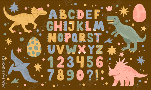 Dinosaur font. Dino letter, English alphabet and number. Childish cute typeface, funny nursery typography. Doodle childrens drawing. Animal baby decorative elements. Vector cartoon flat isolated text