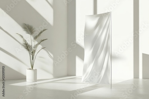 3D-rendered convex flag banner mockup standing in a minimalist, white studio setting.