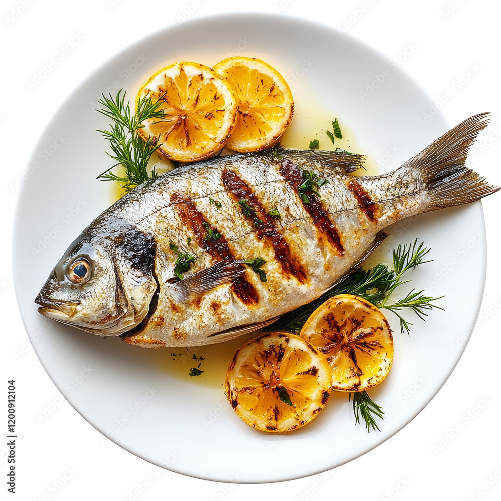 Grilled fish served on a plate with lemon slices and herbs, perfect for healthy meals. Grilled fish served on a plate with lemon slices and herbs, perfect for healthy meals.