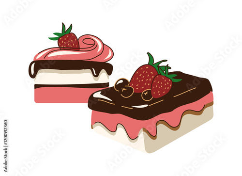 Bakery cake. Sweet dessert. Glazed biscuit with strawberry. Chocolate topping. Sugar cream. Pastry cooking. Fruit souffle piece. Cocoa icing. Holiday pie. Patisserie food. Vector yummy confectionery