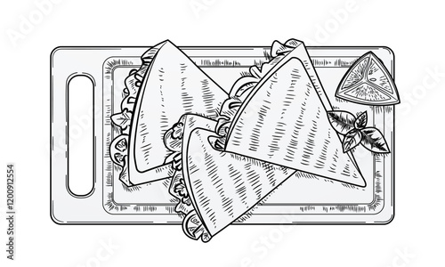 Mexican food. Street meal. Quesadilla sketch drawing. Delicious tortilla on wooden board top view. Meat and vegetables. Dinner cooking. Takeaway lunch. Mexico cuisine. Vector engraving fastfood snack