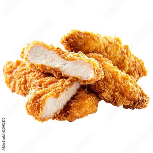 Delicious crispy fried chicken tenders stacked on a white background.