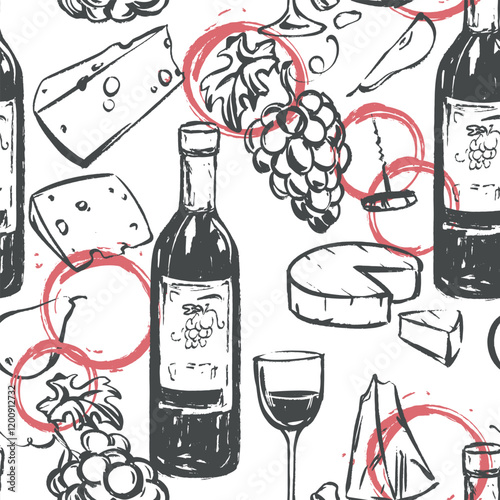 Seamless pattern with wine and snack. Wine glass, cheese, grapes, bottle, glass and wine stains in ink linear sketch style. Background for packaging, wallpaper or package.