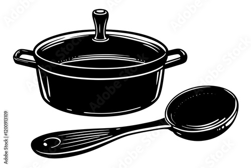 Cookware, cast iron cooking pot, nonstick pan, and glass