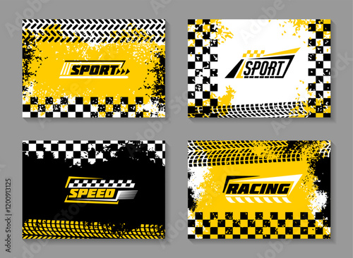 Race car track. Sport racing poster design. Road checker frame. Rally speed drive. Formula competition finish stripe. . Auto tire wheel print. Tyre drift. Street dirt. Grunge yellow banners vector set