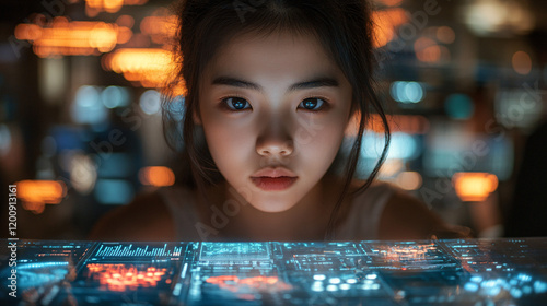 a young girl looking at a computer screen photo