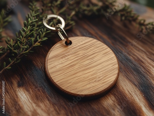 Circular Wooden Keychain on Rustic Wooden Table with Greenery