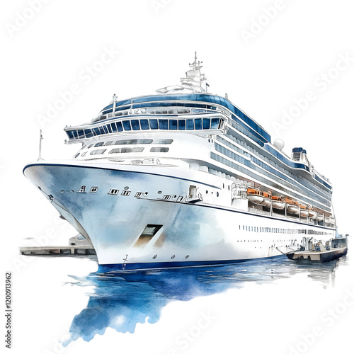 Luxury cruise ship docked at harbor watercolor illustration serene ocean setting aesthetic view nautical concept