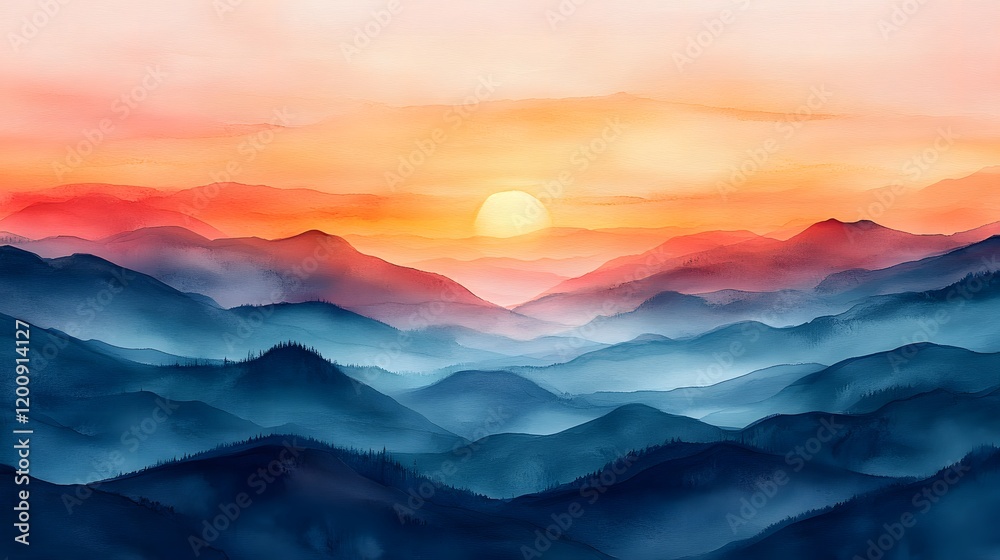 Fototapeta premium Dreamy February sunset with gentle hills painted in watercolor strokes