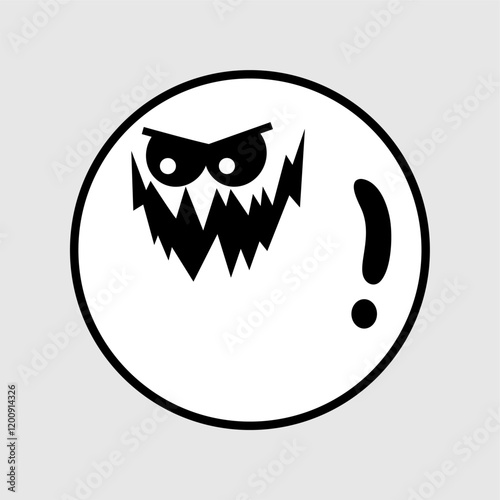 Angry and menacing cartoon face with sharp jagged teeth and intense eyes inside a circular design. A bold black-and-white vector illustration perfect for stickers, logos and mascots