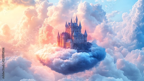 Majestic Floating Castle Surrounded by Fluffy Clouds in a Surreal Dreamscape