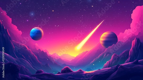 Captivating Cosmic Landscape with Glowing Planets and Comets in Vibrant Minimalist Backdrop