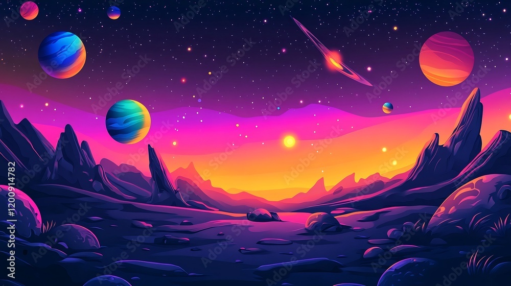 Fototapeta premium Mesmerizing Cosmic Landscape with Glowing Planets and Comets in Vibrant Hues