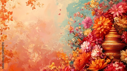 Vibrant Traditional Indian Wedding Floral Arrangement in Ornate Vase on Colorful Background