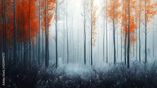 Realism of Autumnal Digital Forest with Blended Real and Virtual Elements in Minimalist Color Background