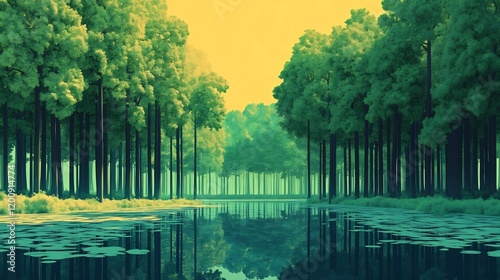 Mesmerizing Digital Forest Blending Real and Surreal Elements with Vibrant Colors and Minimalist Aesthetics