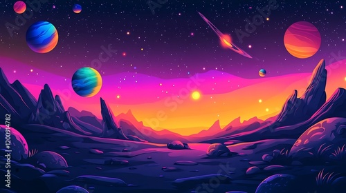 Mesmerizing Cosmic Landscape with Glowing Planets and Comets in Vibrant Hues