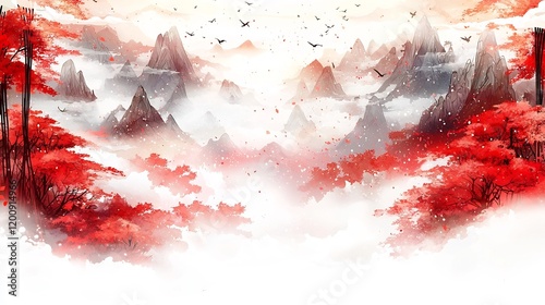 Mystical Autumn Landscape with Misty Mountains and Vibrant Foliage