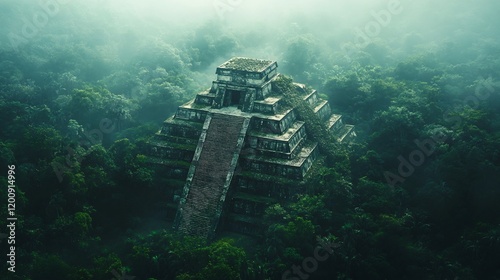 Majestic Mayan Pyramid Emerges from Lush Jungle Overgrowth in Misty Atmospheric Scene