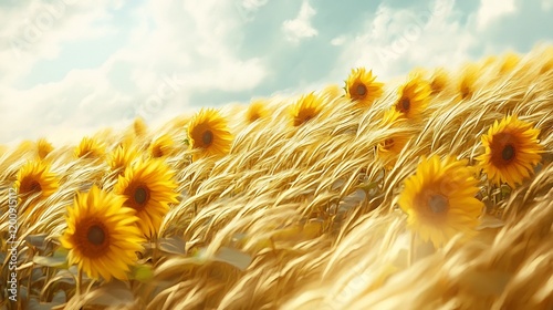 Vibrant Sunflower Field Under Bright Summer Sky with Swaying Breeze