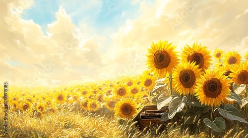 Sunflower Field Swaying Under Bright Summer Sky in Tranquil Countryside Landscape