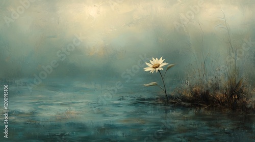 Serene Sunflower Blooming in a Pastel Aqua Landscape