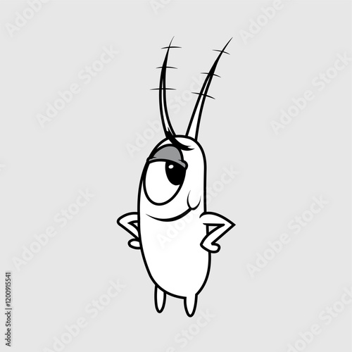 Confident and mischievous cartoon plankton character with a smug expression in a bold black-and-white vector style. Perfect for stickers, logos, mascots, comics, and fun creative projects
