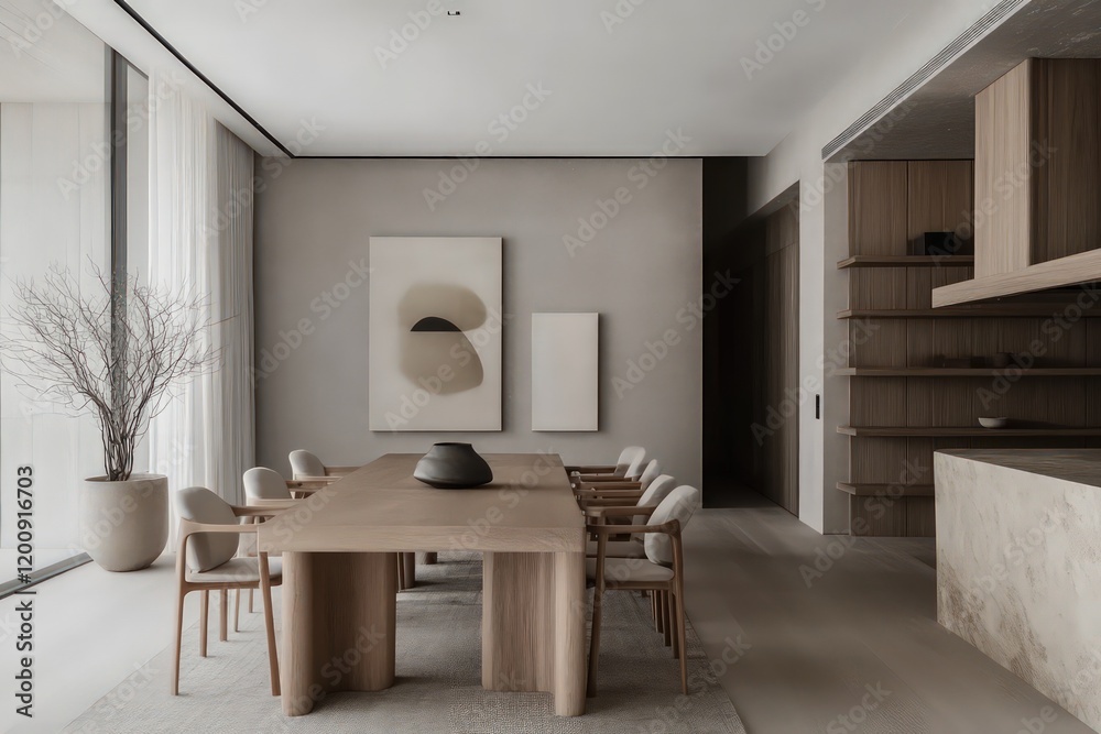 Fototapeta premium A minimalist dining room with a focus on clean lines, neutral colors, and functional furniture. Opt for a monochromatic palette, seamless storage solutions