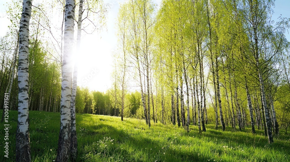 Fototapeta premium Sunlit Birch Forest in Spring