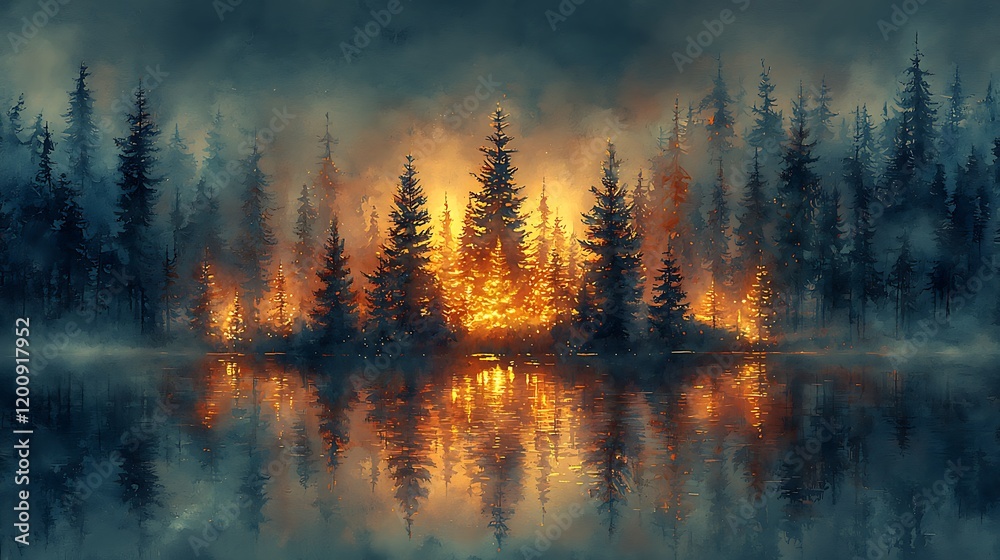 Glowing Forest Fire Reflected In Still Water Glowing Forest Fire Reflected In Still Water