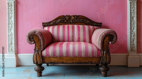 Antique armchair, pink room, interior design photo