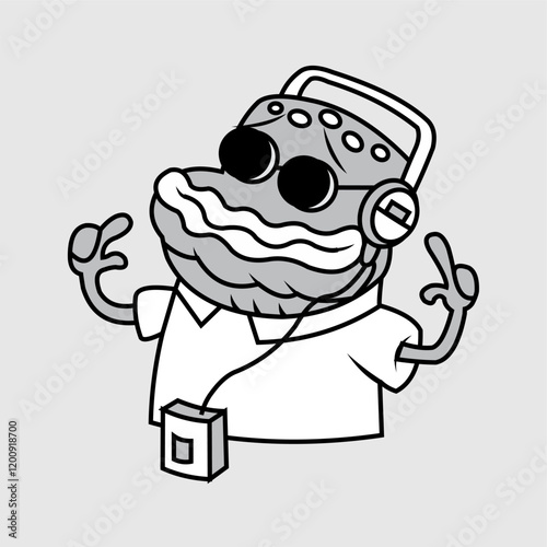 Cool cartoon oyster character wearing sunglasses, headphones, and a retro music player. Fun and quirky black-and-white vector illustration for stickers, logos, mascots, and creative designs