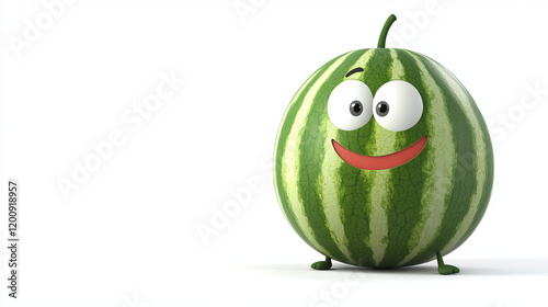 Sweet green striped cartoon watermelon fruit character with smooth thick skin and toothy smile, isolated on white background photo