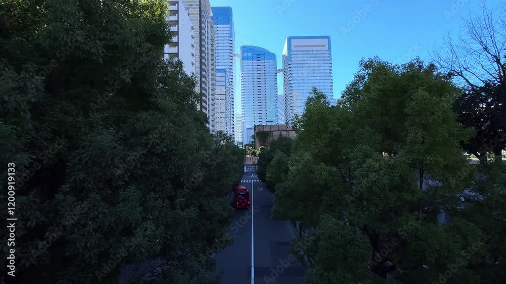 A red bus travels down a quiet tree-lined street in Harumi, Tokyo, under blue skies