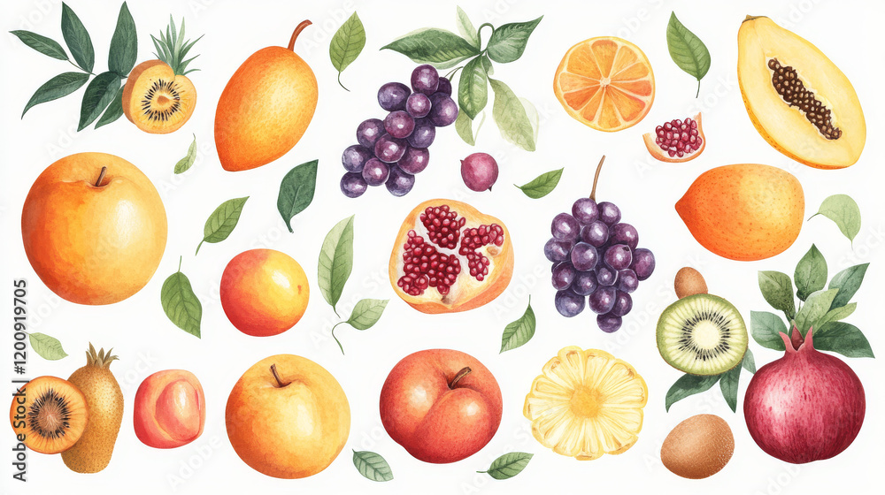 Fruits poster of vector apple or apricot or peach, exotic mango and pineapple, grape, kiwi and pomegranate. Farm market and garden ripe fruit harvest Fruits poster of vector apple or apricot or peach, exotic mango and pineapple, grape, kiwi and pomegranate. Farm market and garden ripe fruit harvest