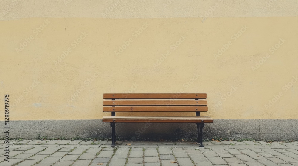 Empty wooden park bench against a pale yellow wall. Empty wooden park bench against a pale yellow wall.