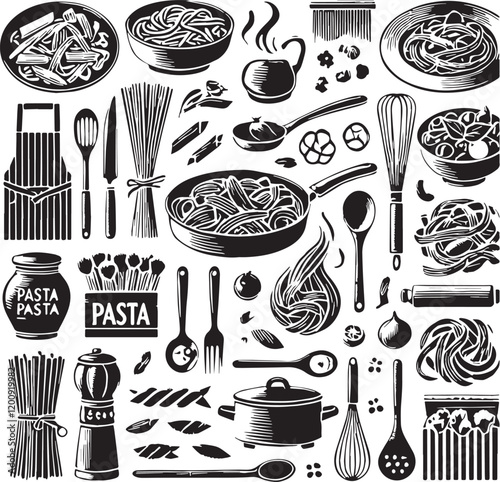 Black Color Pasta Silhouette Vector Illustration, Solid White Background