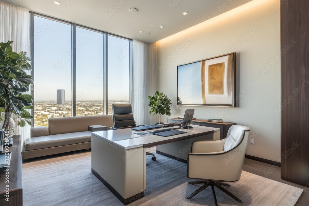 Fototapeta premium A modern office featuring sleek furniture, neutral colors, and minimalist decor. Optimize clean lines, large windows, and integrated storage solutions. 