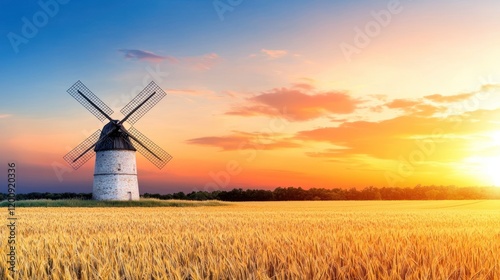 Windmill Sunset Wheat Field