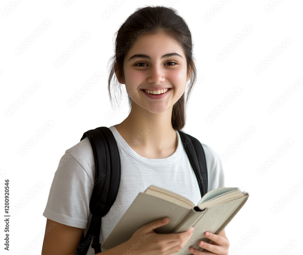 A smiling young woman, a student, holding an open book, wearing a white shirt and a black backpack, isolated on a transparent PNG background A smiling young woman, a student, holding an open book, wearing a white shirt and a black backpack, isolated on a transparent PNG background